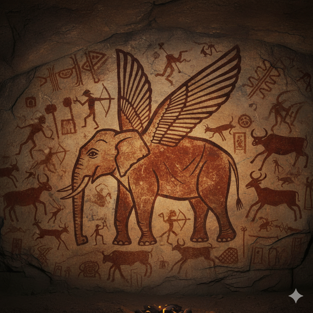immagine generata dall'AI di un elefante alato su un muro rupestre